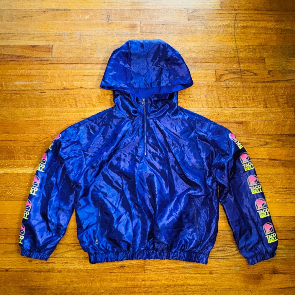 Forever 21 Taco Bell Blue Windbreaker Jacket Hoodie Graphic‎ Print